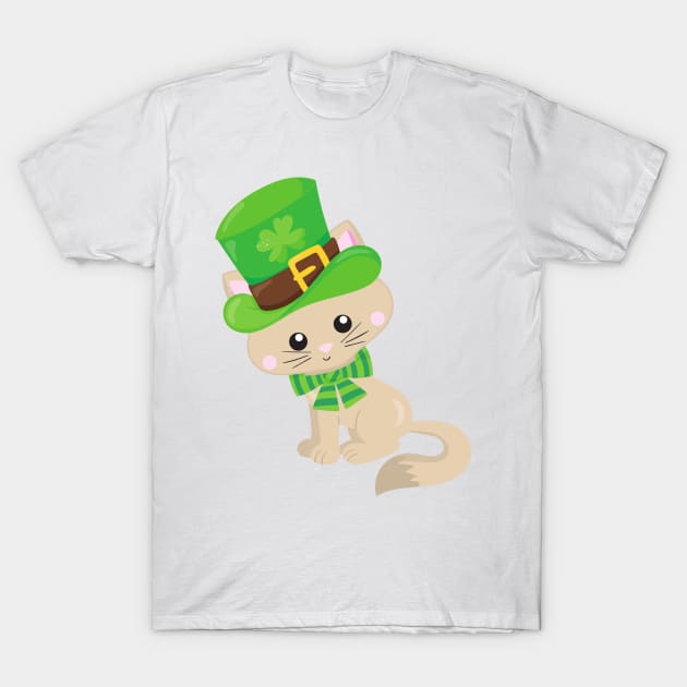 Saint Patrick's Day Cat, Leprechaun Hat, Clovers T-Shirt by Jelena Dunčević